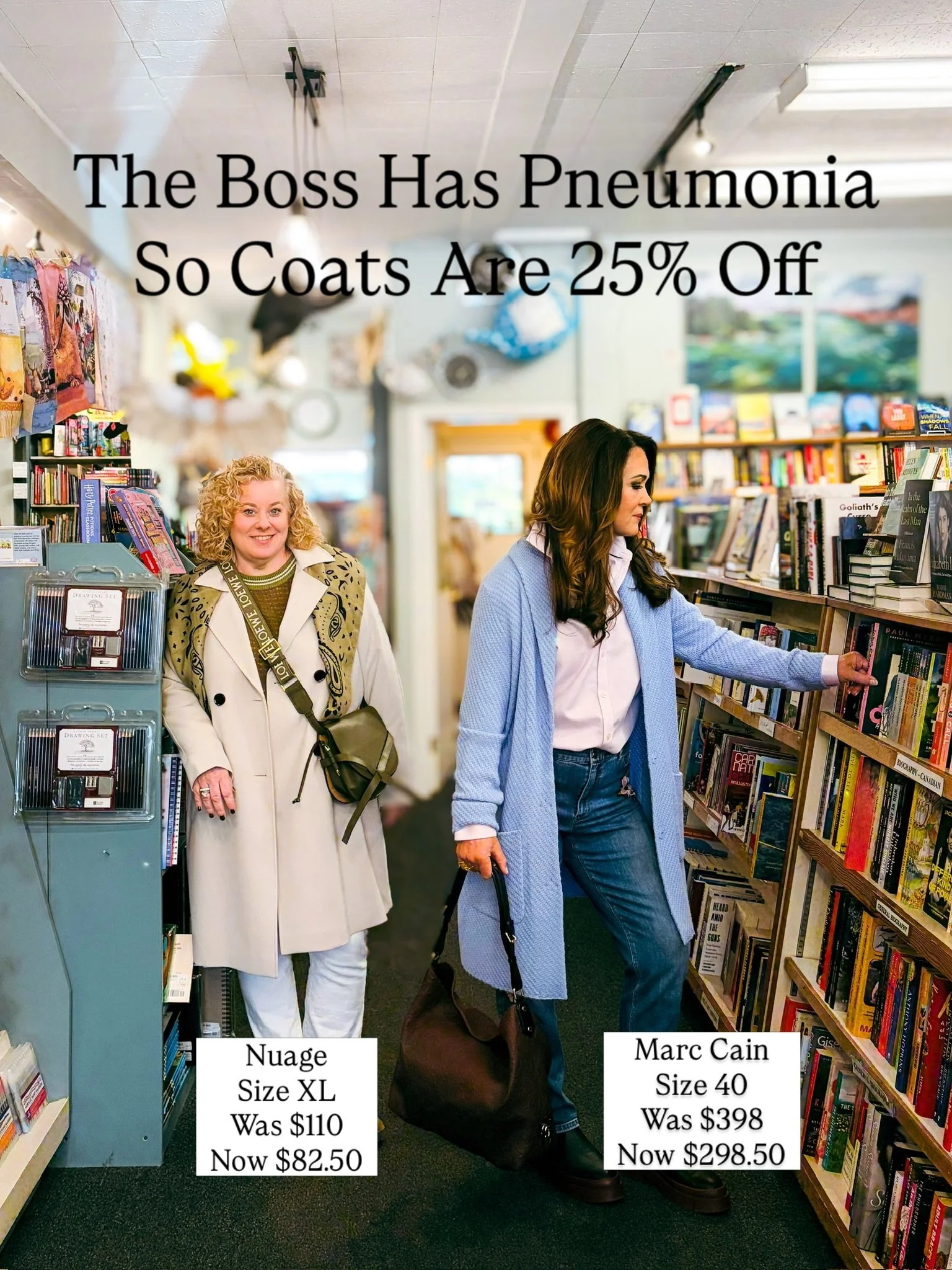 I&rsquo;m Down &amp; Out With Pneumonia &amp; I Want Y&rsquo;all To Stay Warm &amp; Stylish So Until Further Notice All Coats, Jackets &amp; Vests, 25% Off!
Shop With Kimberly &amp; Tanvi, Tuesday to Saturday, 10 to 4 💕