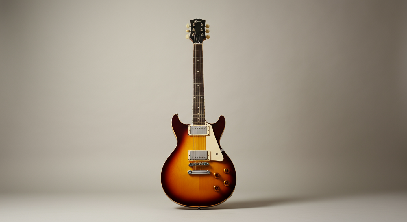 A vintage Gibson electric guitar with a sunburst finish standing upright on a plain surface against a neutral background.