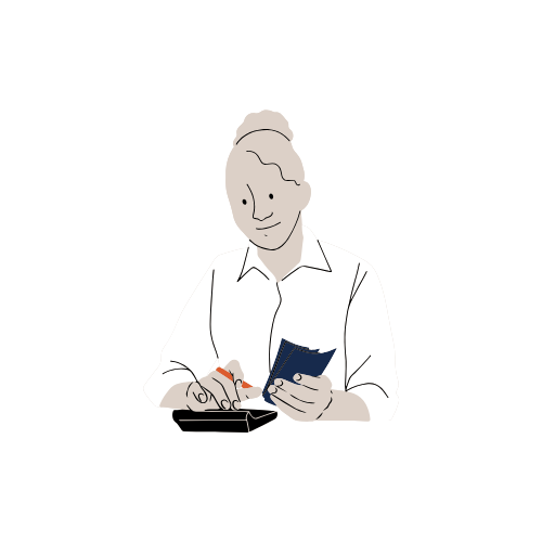 A woman with hair tied up, wearing a white shirt, is writing on a piece of paper with a pen while holding a smartphone.