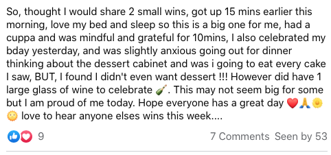 Screenshot of a social media post sharing personal celebrations and gratitude, mentioning enjoying wine and looking forward to dinner and cake.