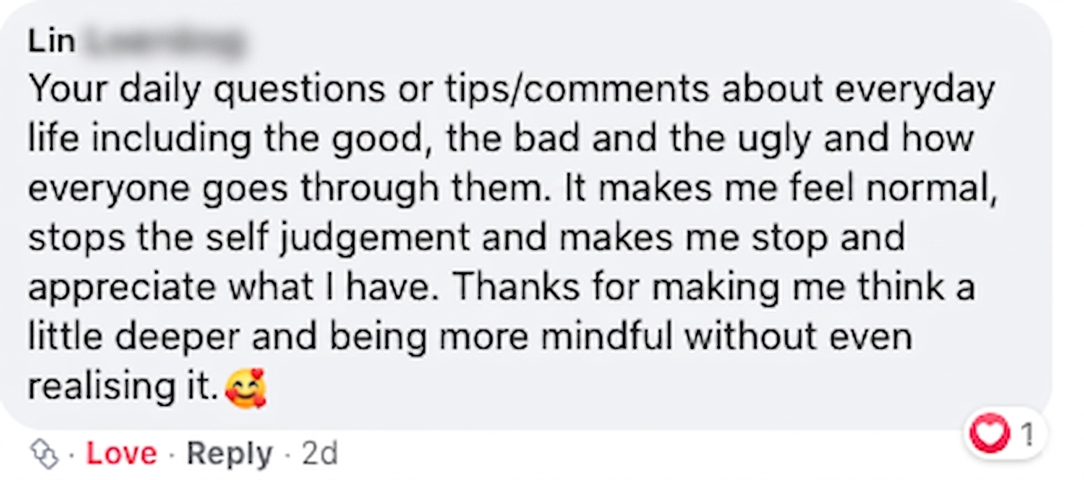 Screenshot of a social media comment expressing gratitude and mindfulness tips, with an emoji of a smiling face with hearts.
