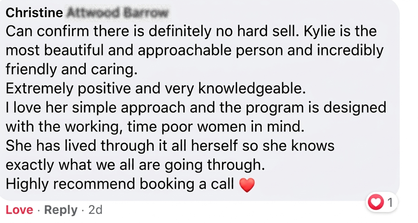 Screenshot of a positive review text about Kylie, praising her friendliness, knowledge, approachability, and understanding of women's challenges, recommending booking a call.