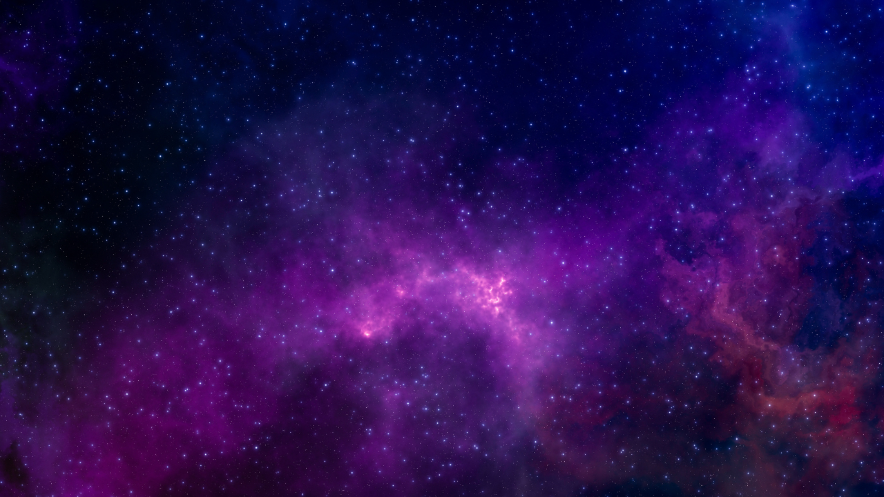 A view of outer space featuring a star-filled galaxy with purple and pink nebulae.