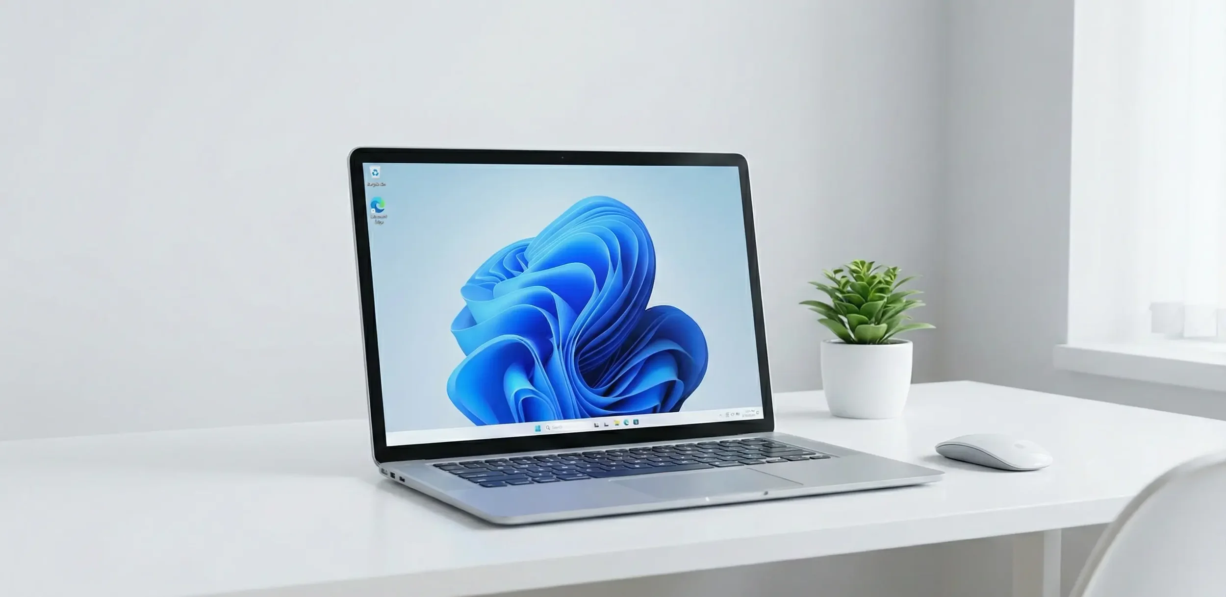 Ein weißer Schreibtisch mit einem offenen Laptop, einer weißen Maus, einer kleinen grünen Pflanze in einem weißen Top und einem weißen Stuhl, mit natürlichem Licht durch ein Fenster.