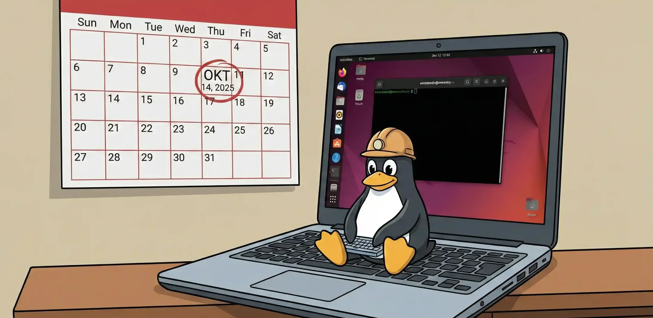 Illustration eines Desktop-Computers auf einem Schreibtisch mit einem penguin Zeichentrickcharakter, der eine Mütze trägt, auf der Tastatur sitzt. Im Hintergrund eine Wanduhr zeigt den 14. Oktober 2025 und das Datum des Monats. Die Computer-Benutzeroberfläche zeigt Linux-Desktop-Icons.