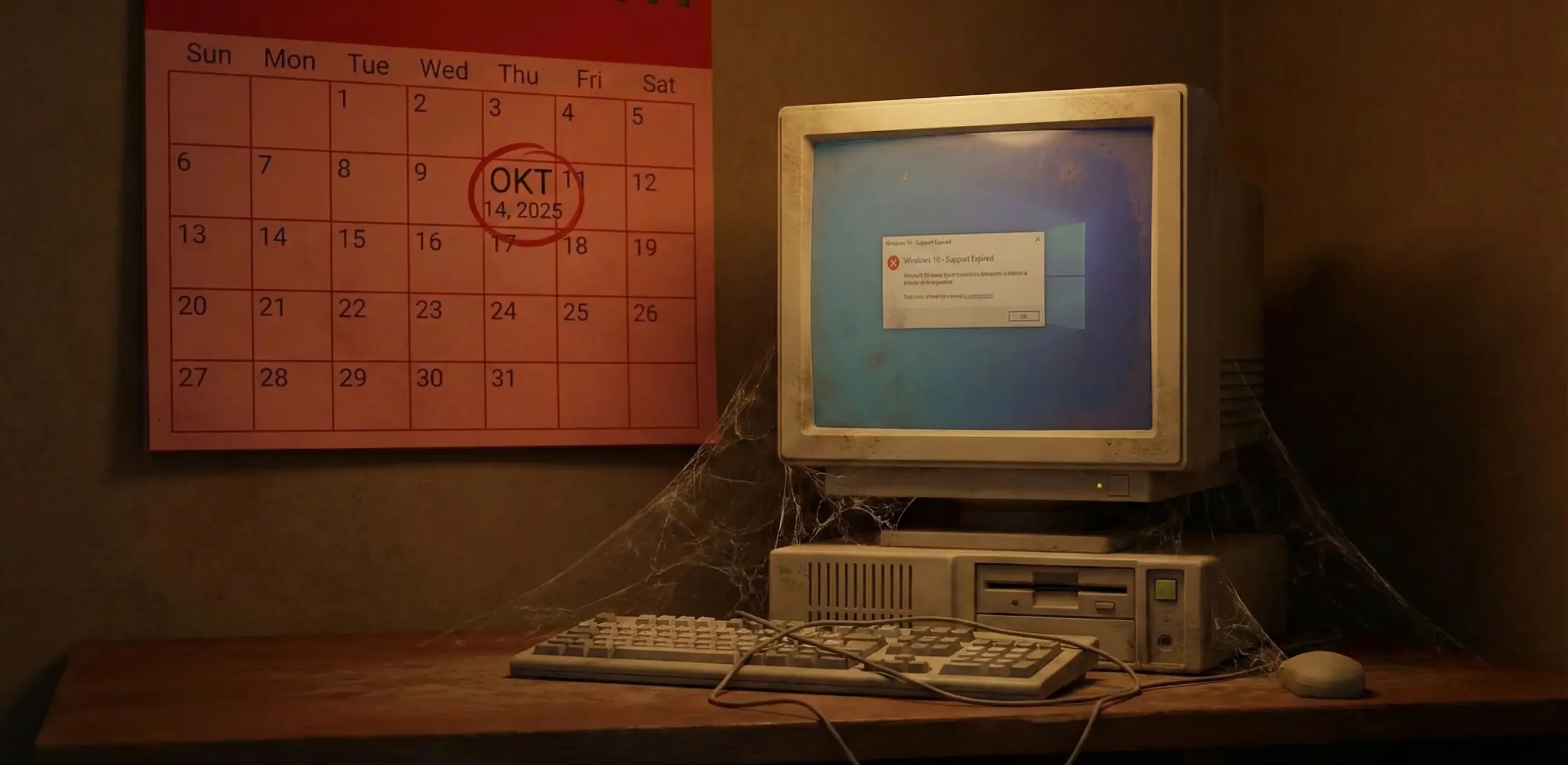 Verstaubter, alter Computer mit einem Bildschirm, der eine Fehlermeldung zeigt, und eine Tastatur auf einem Schreibtisch. Im Hintergrund ein Kalender mit dem Datum 14. Oktober 2025.