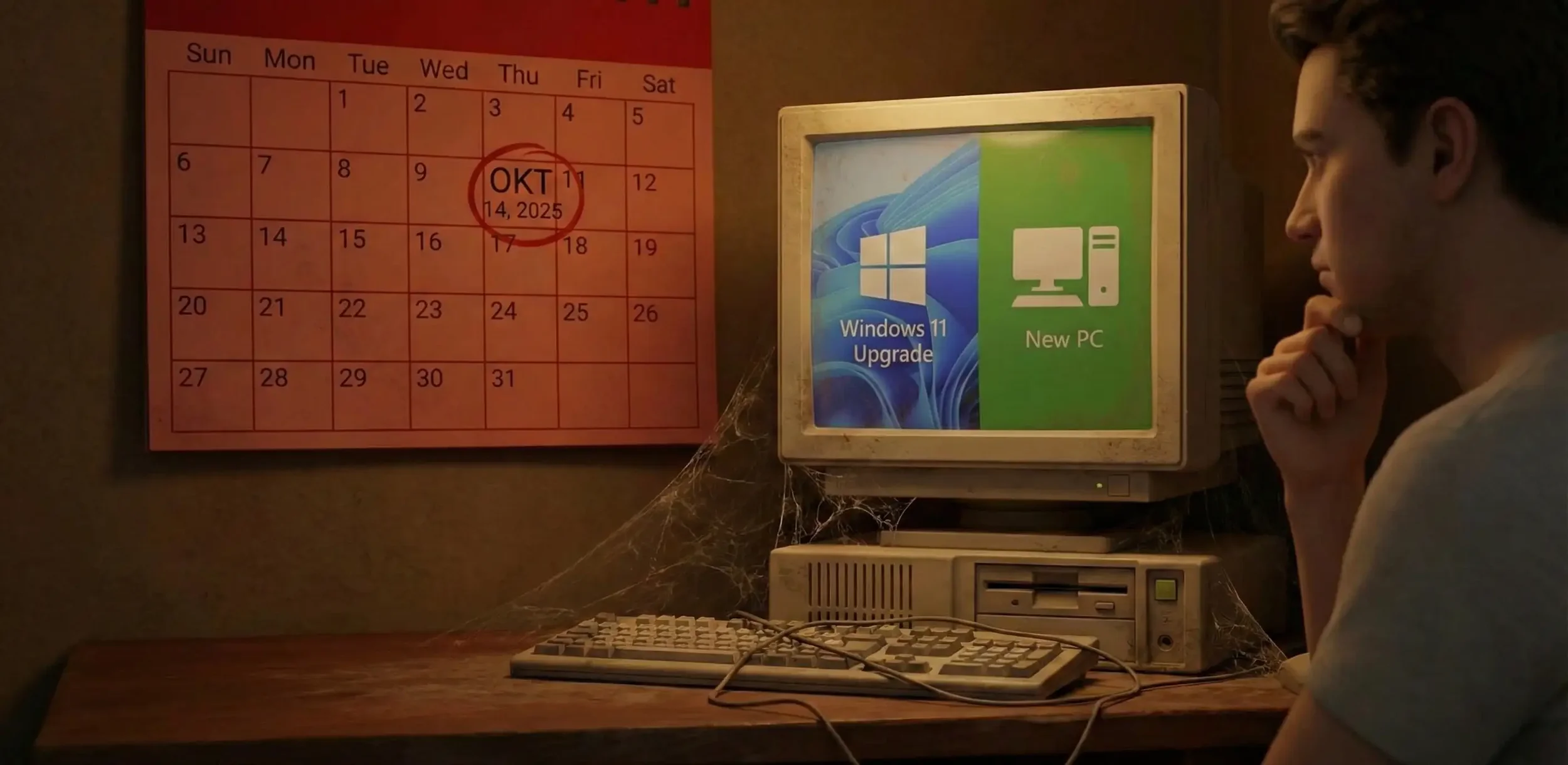Ein alter Computerbildschirm zeigt eine Windows 11 Upgrade-Meldung. Daneben hängt eine rote Wandkalenderseite für Oktober 2025, auf der das Datum 14. Oktober markiert ist. Der Schreibtisch ist mit Spinnweben bedeckt.