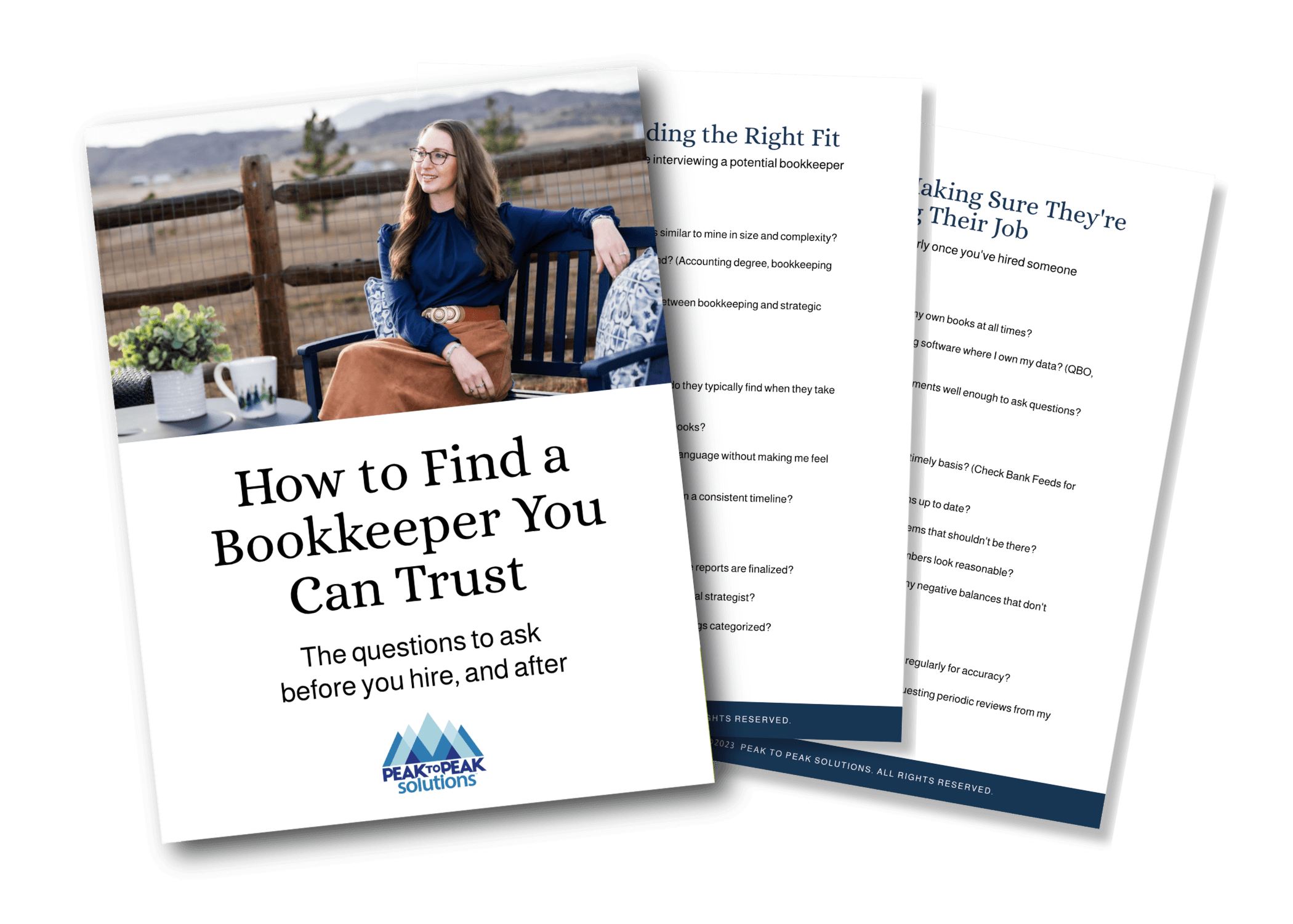 Mockup image of Peak to Peak Solutions free guide: "How to Find a Bookkeeper You Can Trust. The questions to ask before you hire, and after"