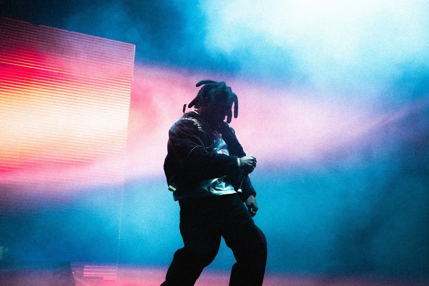 Denzel Curry at Palace Foreshore with dreadlocks holding a microphone in front of colorful, neon-lit background with pink, blue, and purple hues.