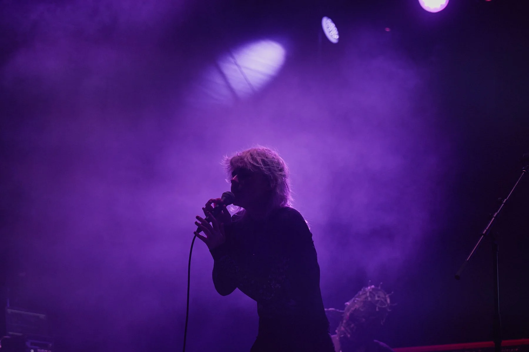 Silhouette of a Ratbag singing into a microphone on stage at Palace Foreshore, illuminated by purple and blue stage lighting with fog or smoke effects.
