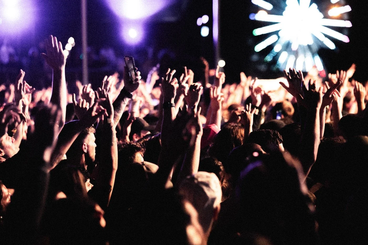 Crowd of people at a concert at Palace Foreshore. It looks like a festival and everyone has their hands raised, illuminated by stage lights and a bright fireworks display in the background.