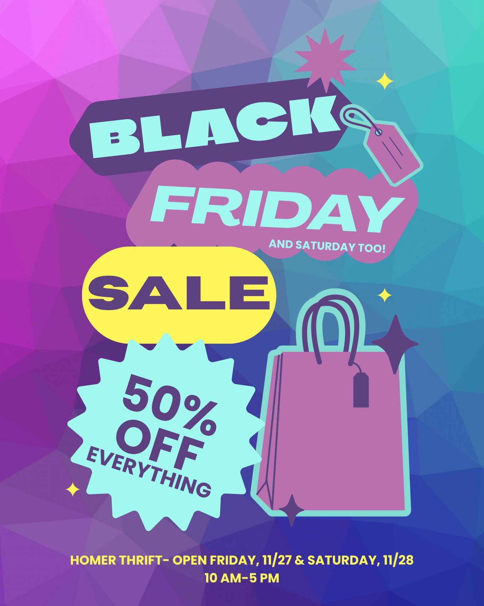 It's time for our big BLACK FRIDAY SALE!

EVERYTHING is 50% OFF Friday &amp; Saturday

Lots of Christmas gifts, decorations, and clothing!

Come in this Friday &amp; Saturday, 10-5!