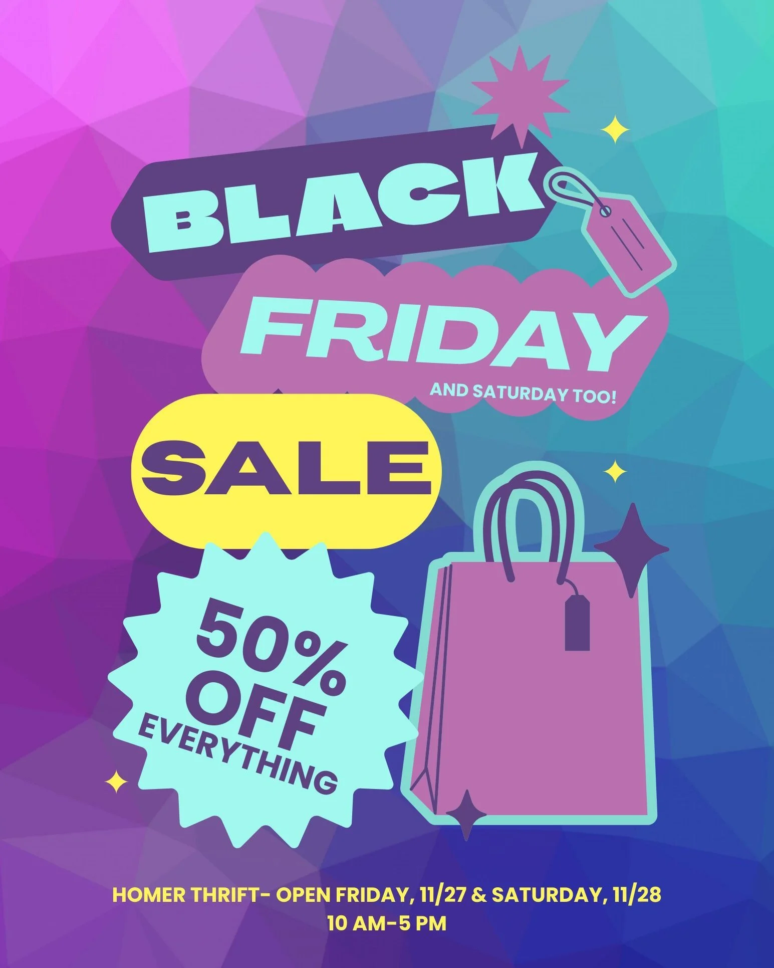 It's time for our big BLACK FRIDAY SALE!

EVERYTHING is 50% OFF Friday &amp; Saturday

Lots of Christmas gifts, decorations, and clothing!

Come in this Friday &amp; Saturday, 10-5!