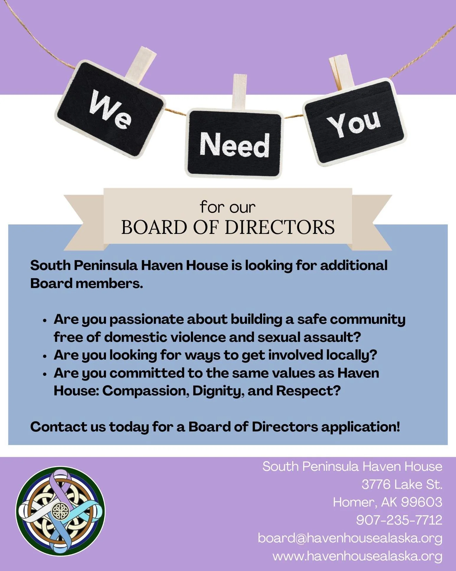 Haven House is looking for Board members!

Are you looking to contribute your time to a worthy cause? Send us a message today!

Or email board@havenhousealaska.org for more information.

#havenhouse #compassion #dignity #respect