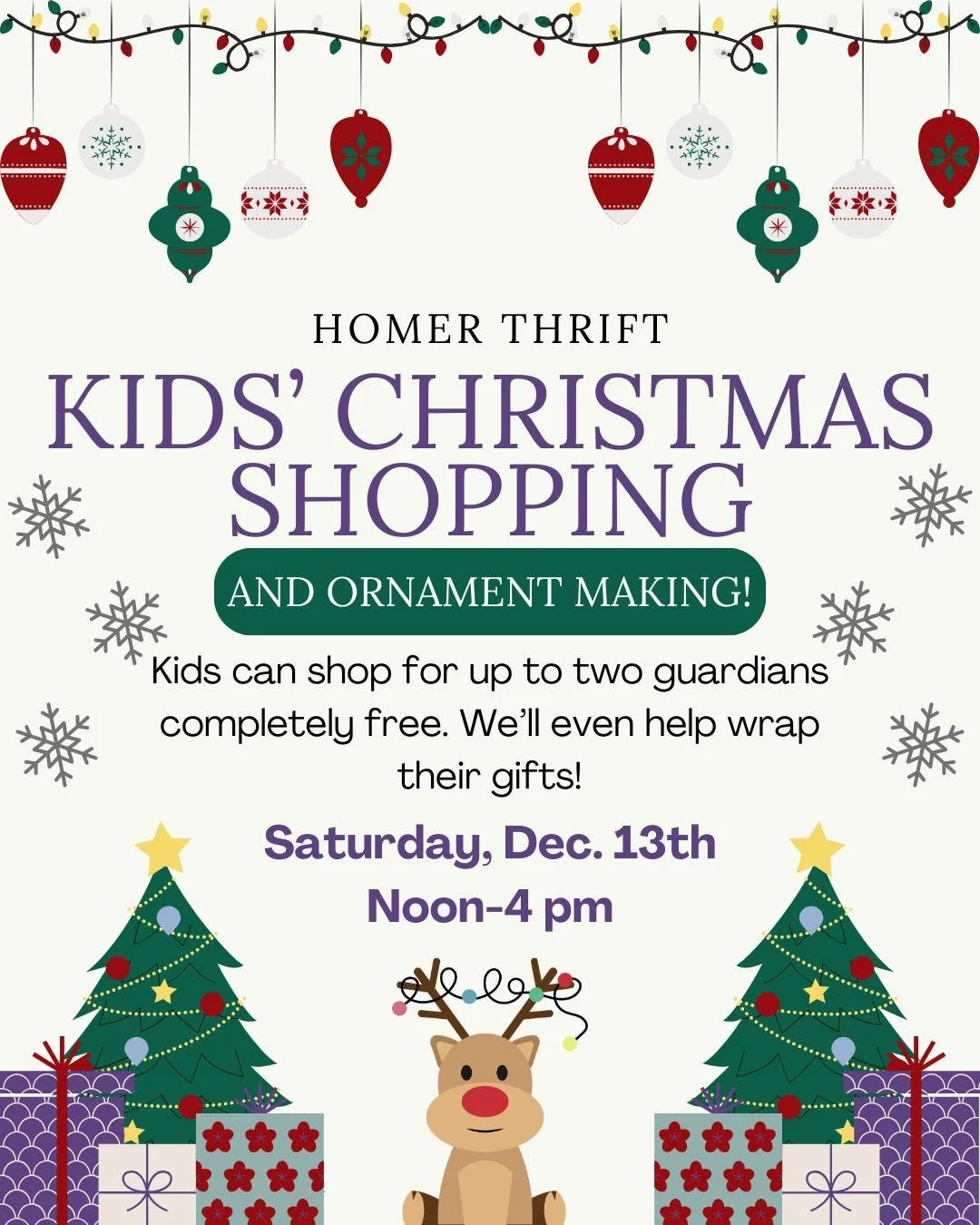 This Saturday! From noon to 4pm, kids can come shop for their guardians for FREE! We'll even help them wrap their gifts!

We also will have an ornament-making station- just for fun.

See you Saturday, 12-4!

Shop. Support. Empower.
#homerthrift