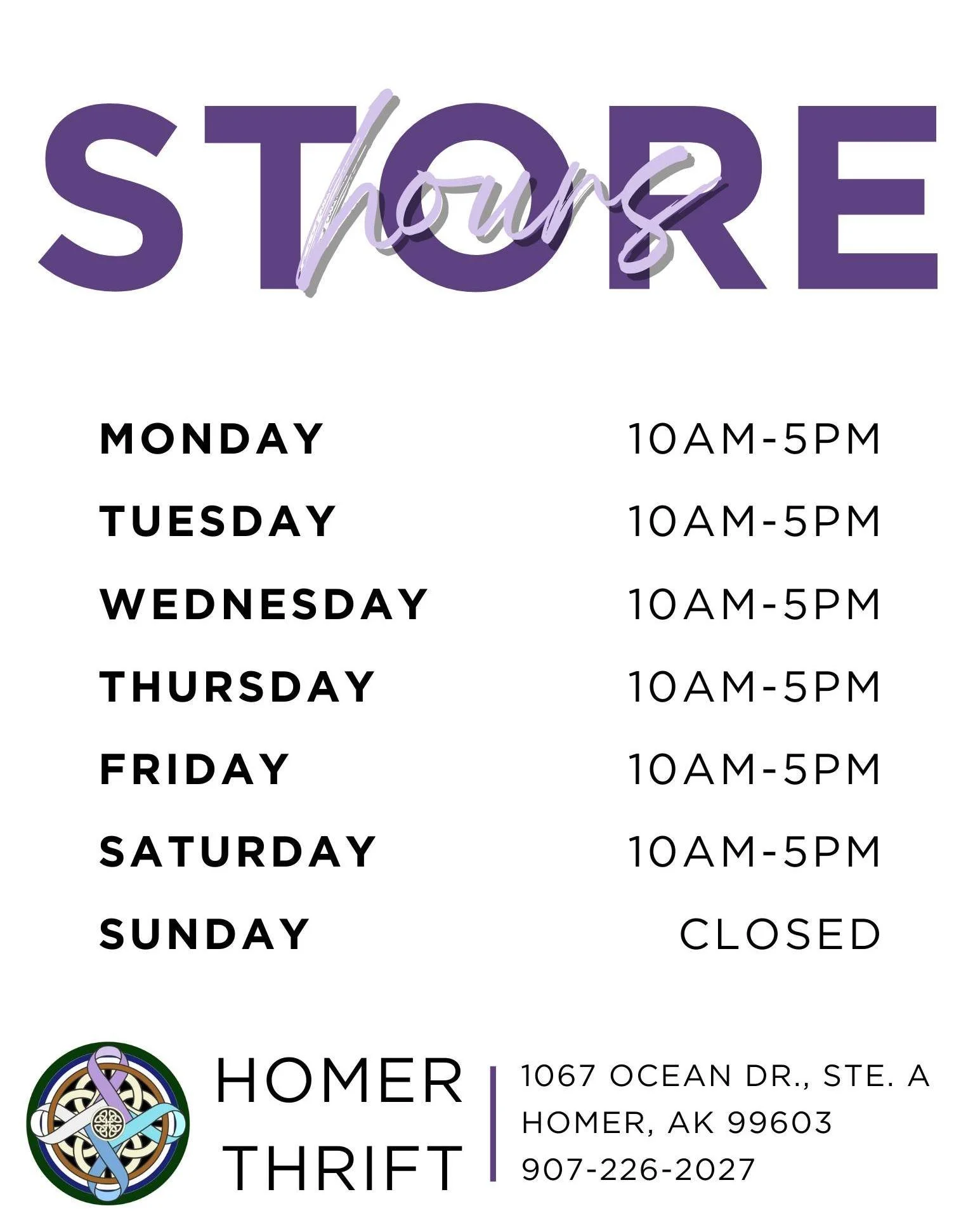 Homer Thrift shopping hours. Still lots of time to get your holiday shopping done!

Shop. Support. Empower.
#homerthrift