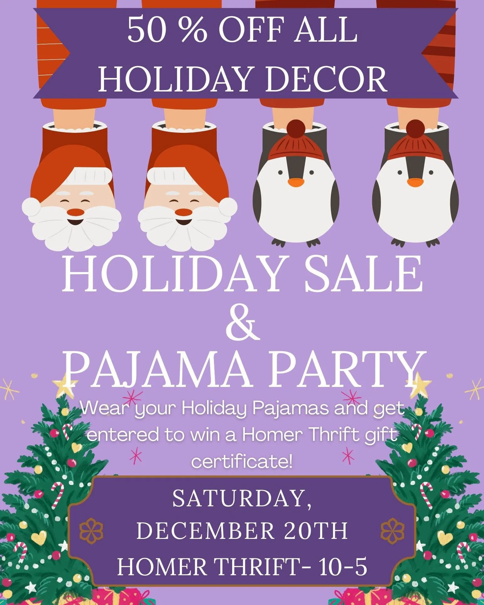 This Saturday! All Holiday is 50% OFF! Plus, wear your favorite holiday pajamas and get entered to win a Homer Thrift gift certificate! See you Saturday, 10-5

Shop. Support. Empower.