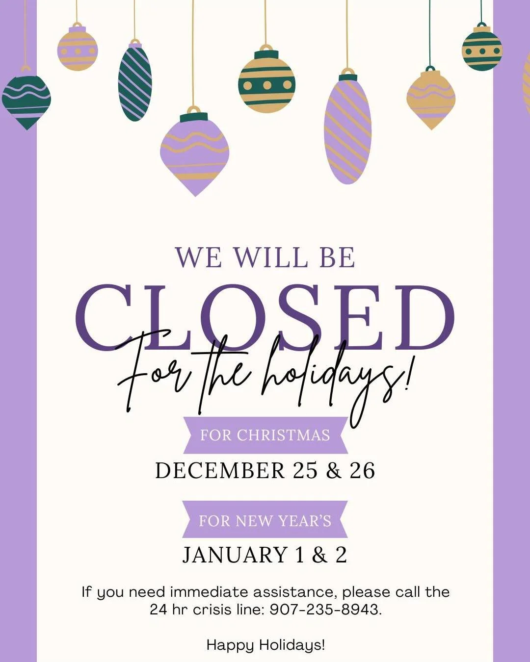 Haven House offices will be CLOSED Dec 25 &amp; 26
and Jan 1 &amp; 2. If you need immediate assistance,
please call the 24 hr crisis line: 907-235-8943.

Happy Holidays!
#havenhouse