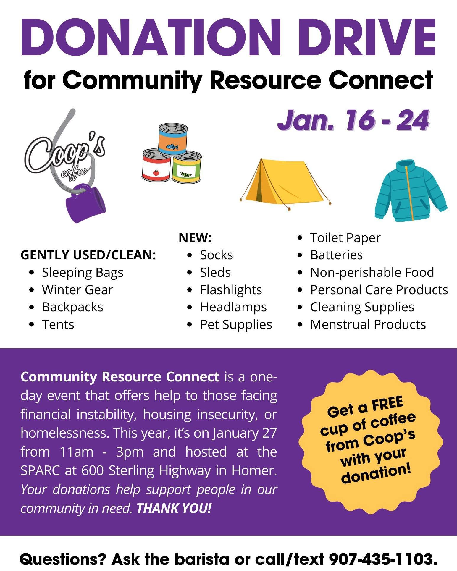 This is your last chance to donate to Community Resource Connect!

Donate gently used or new items on the attached list now through Saturday! Please drop all donations off at either Coop's location (and receive a free drink!) or at Public Health.

Th