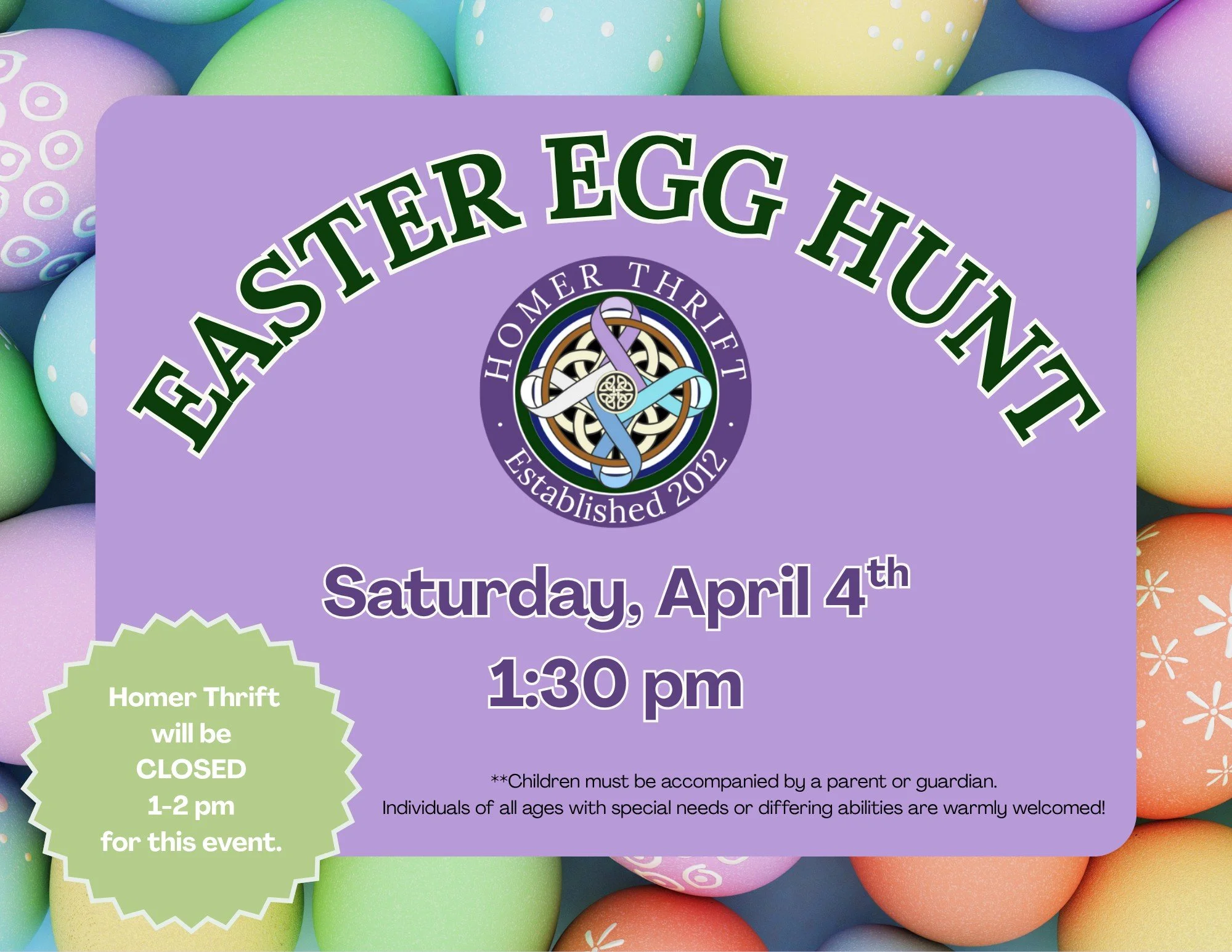 💐💐EASTER EGG HUNT💐💐

This Saturday, bring your kids to one of our favorite events! Easter eggs will be hidden around the store for your kiddos to find! Homer Thrift will close at 1pm and reopen at 1:30 to let the kids in! (Don't worry, shopping w