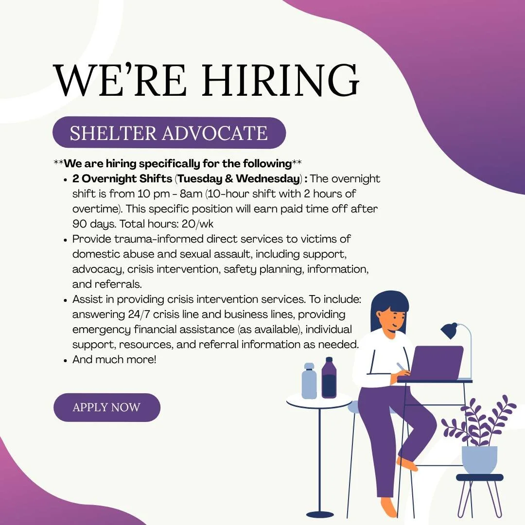 Haven House is hiring a Shelter Advocate! This is specifically for two overnight shifts: 10pm-8am.

See pic for details and follow this link to apply now: https://www.indeed.com/viewjob?jk=17dddacb22210583&amp;from=shareddesktop_copy