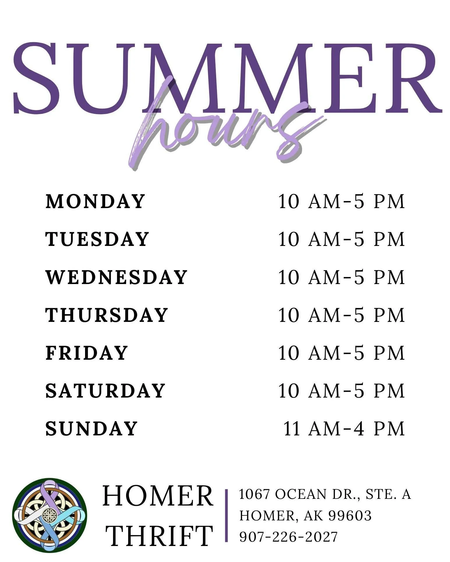 **NOW OPEN 7 DAYS A WEEK!**

Summertime means longer days and your favorite thrift store is open EVERY DAY of the week!

Now if only the temps would warm up a little... 😏