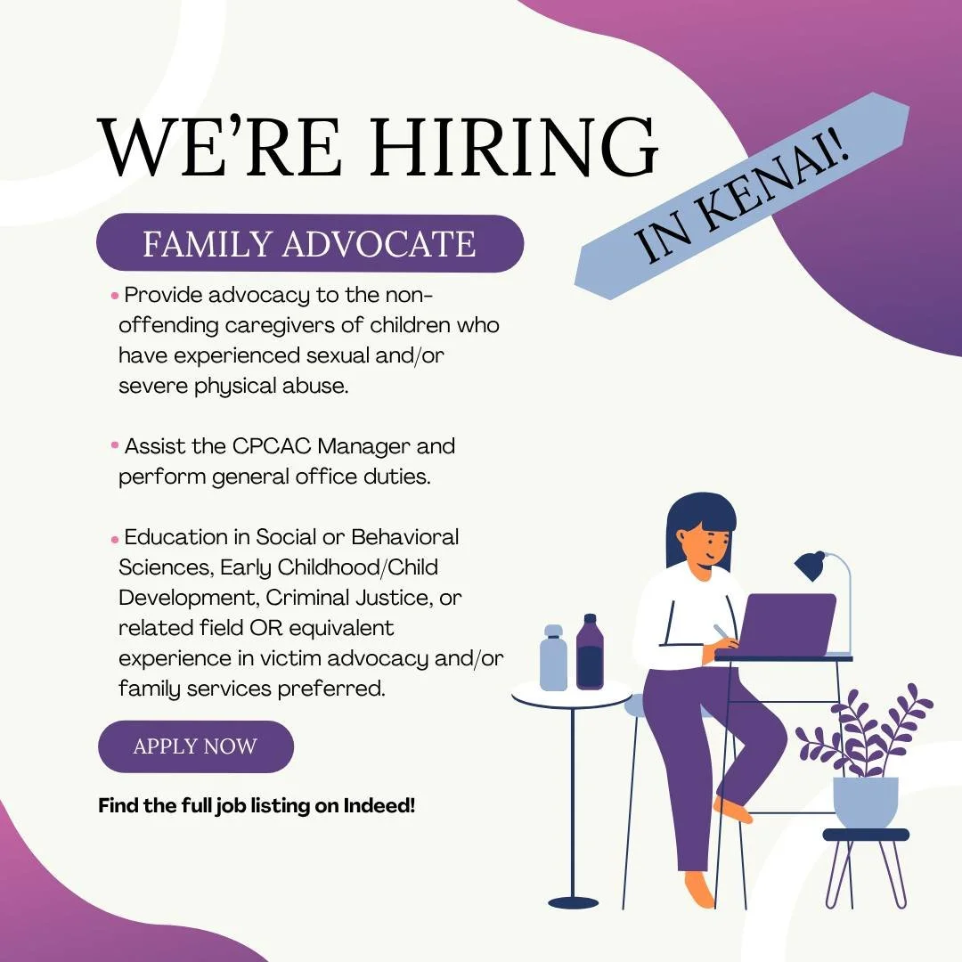 **WE'RE HIRING IN KENAI!**

We're looking for the right person to join our Central Peninsula Child Advocacy Center (CPCAC) in Kenai. Could it be you?

Click here for the full job listing and to apply: https://www.indeed.com/viewjob?jk=5bf5992aa81587a