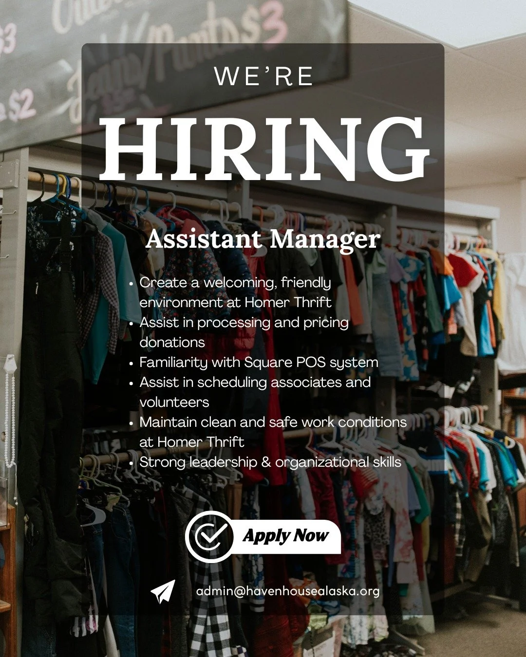Come work with us!

Find the job listing on Indeed: https://www.indeed.com/viewjob?jk=5b521c1a74c36d41&amp;from=shareddesktop_copy

Or email your resume to admin@havenhousealaska.org