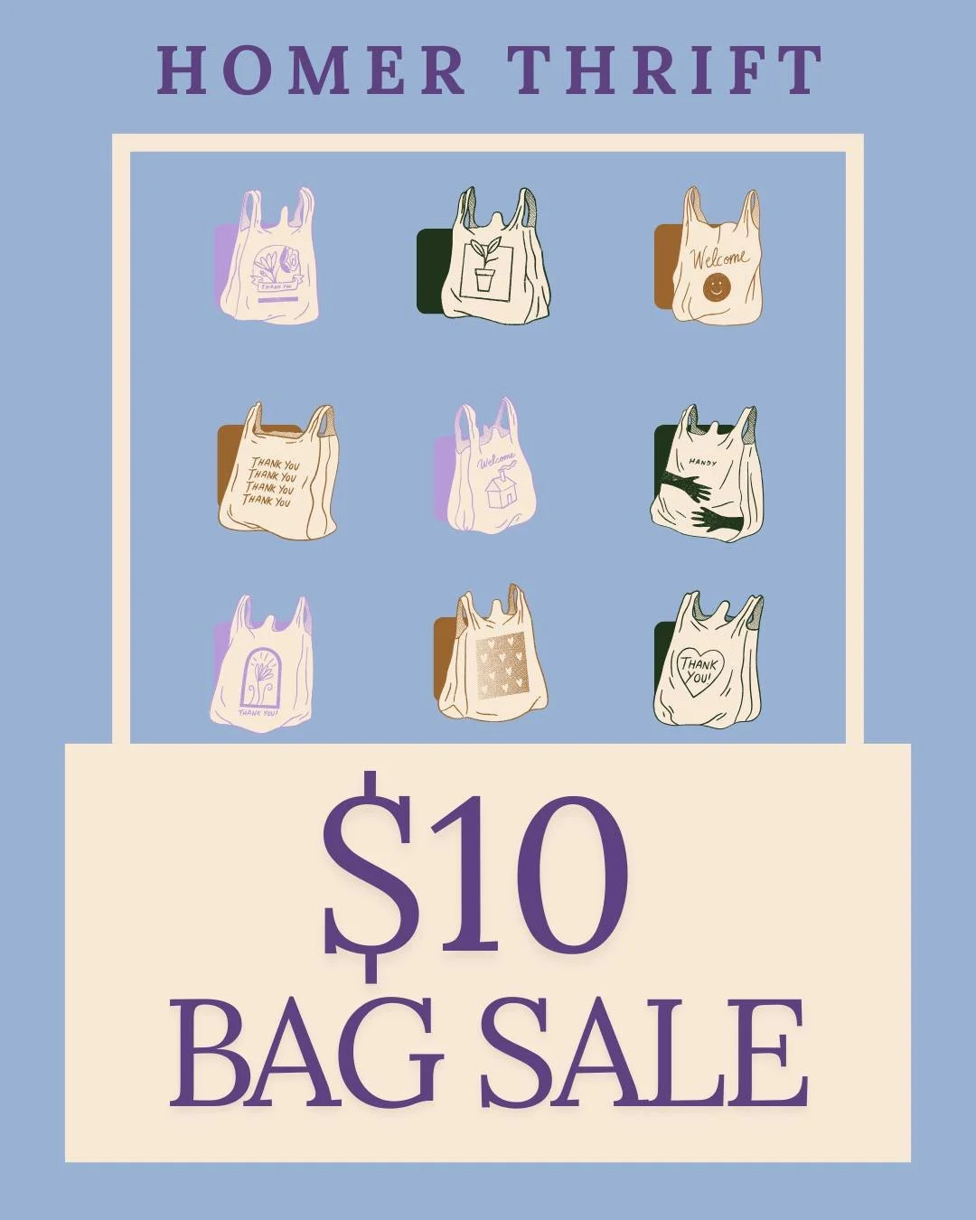 THURSDAY, July 15th!

🛍🛍🛍$10 Bag Sale!🛍🛍🛍

Everything you can fit in a bag, for only $10.

See you tomorrow! Open 10-5.