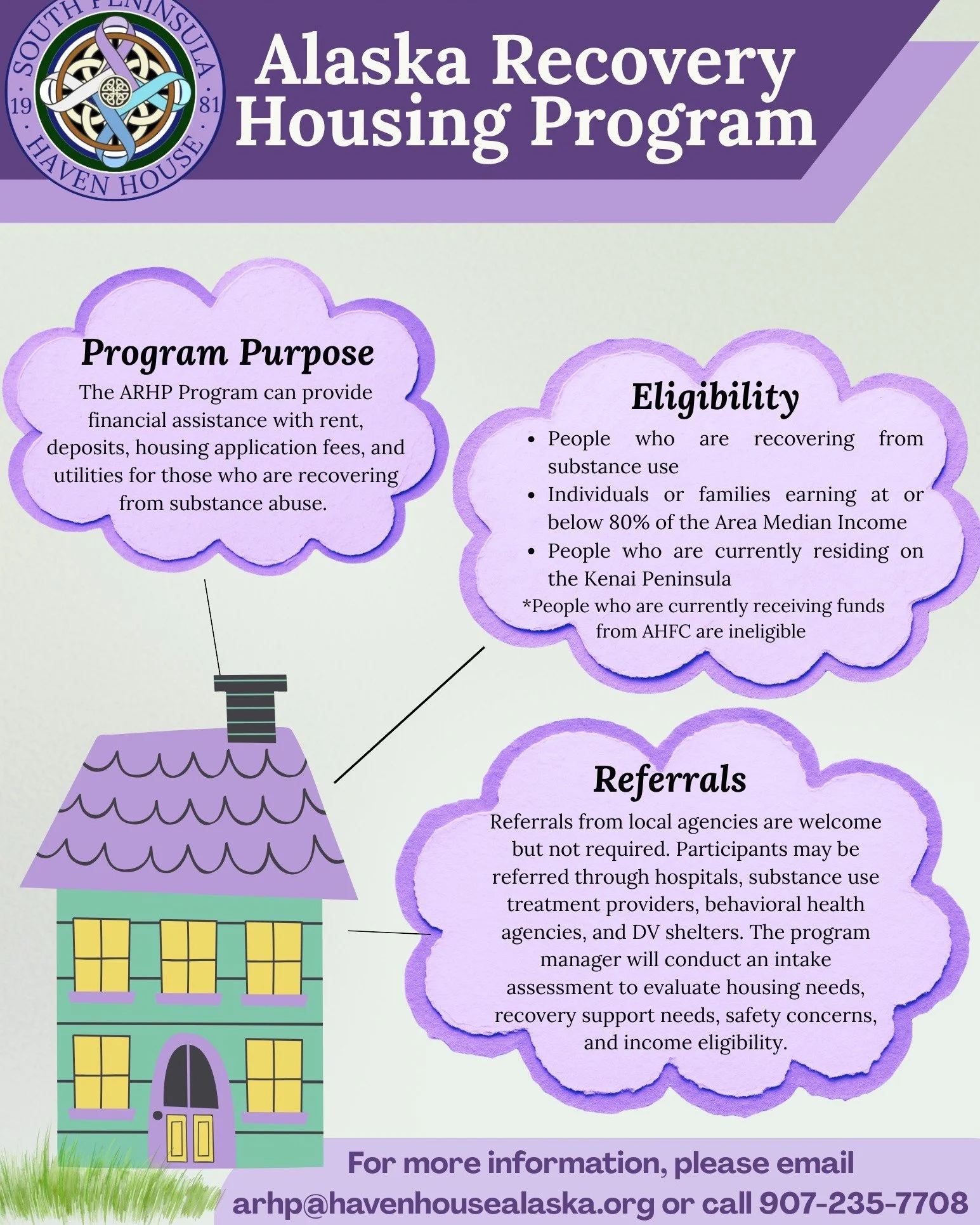 📣📣 Haven House has a new program! 📣📣

South Peninsula Haven House is now one of four agencies in the state with the new Alaska Recovery Housing Program (ARHP). This grant covers the *entire* Kenai Peninsula!

The purpose of this program is to pro