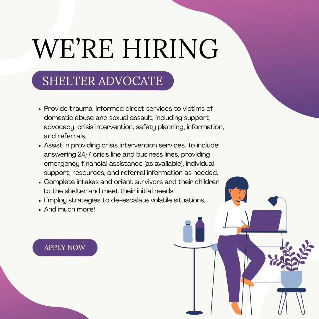 Are you passionate about supporting survivors of domestic violence? Are you interested in providing trauma-informed direct services to someone in crisis?

We're hiring a new Shelter Advocate!

For the complete job listing: https://www.indeed.com/view