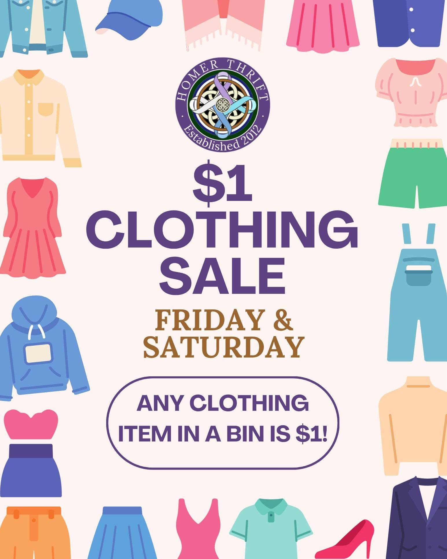 We need to clear out some clothing, so we're putting it on SALE!

👕👔🎽👖ANY CLOTHING ITEM IN A BIN IS $1 FRIDAY &amp; SATURDAY!👖🎽👔👕

Come by and dig through the bins and find a good deal! Help us clear out the store!

Shop. Support. Empower.
