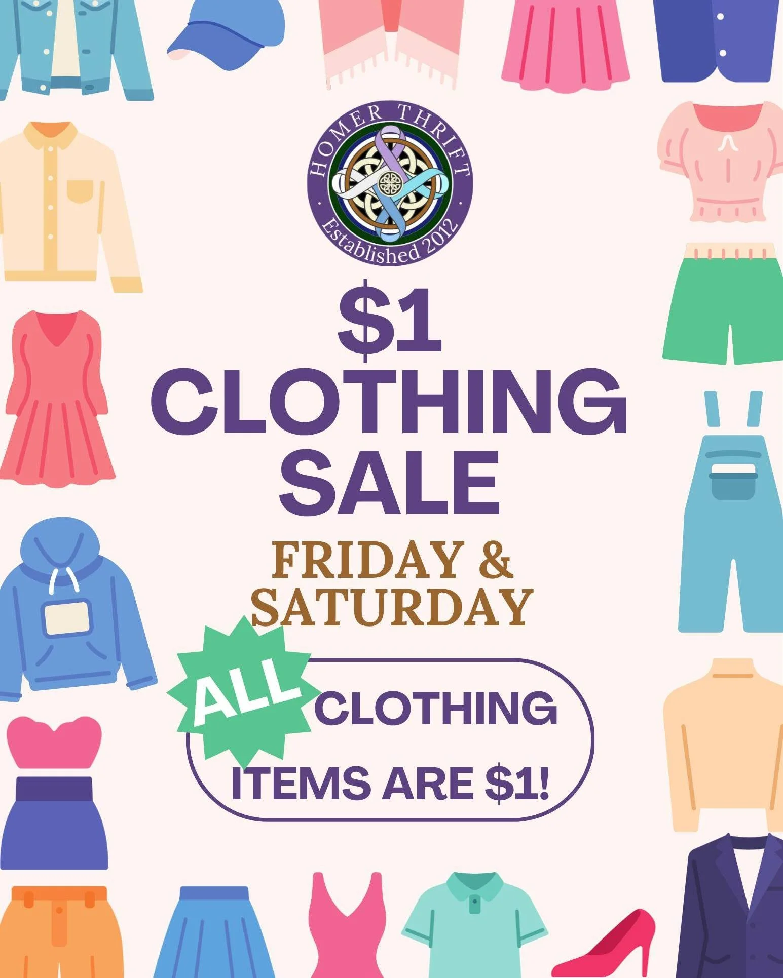ALL DAY FRIDAY &amp; SATURDAY:

All clothes in the store are just $1!

Shirt? $1
Cute pair of linen pants? $1
Old soft hoodie? $1

ALL CLOTHING IN THE STORE: $1!!

We'll be open Friday &amp; Saturday, 10am - 5pm. We'll see you then!

Shop. Support. E