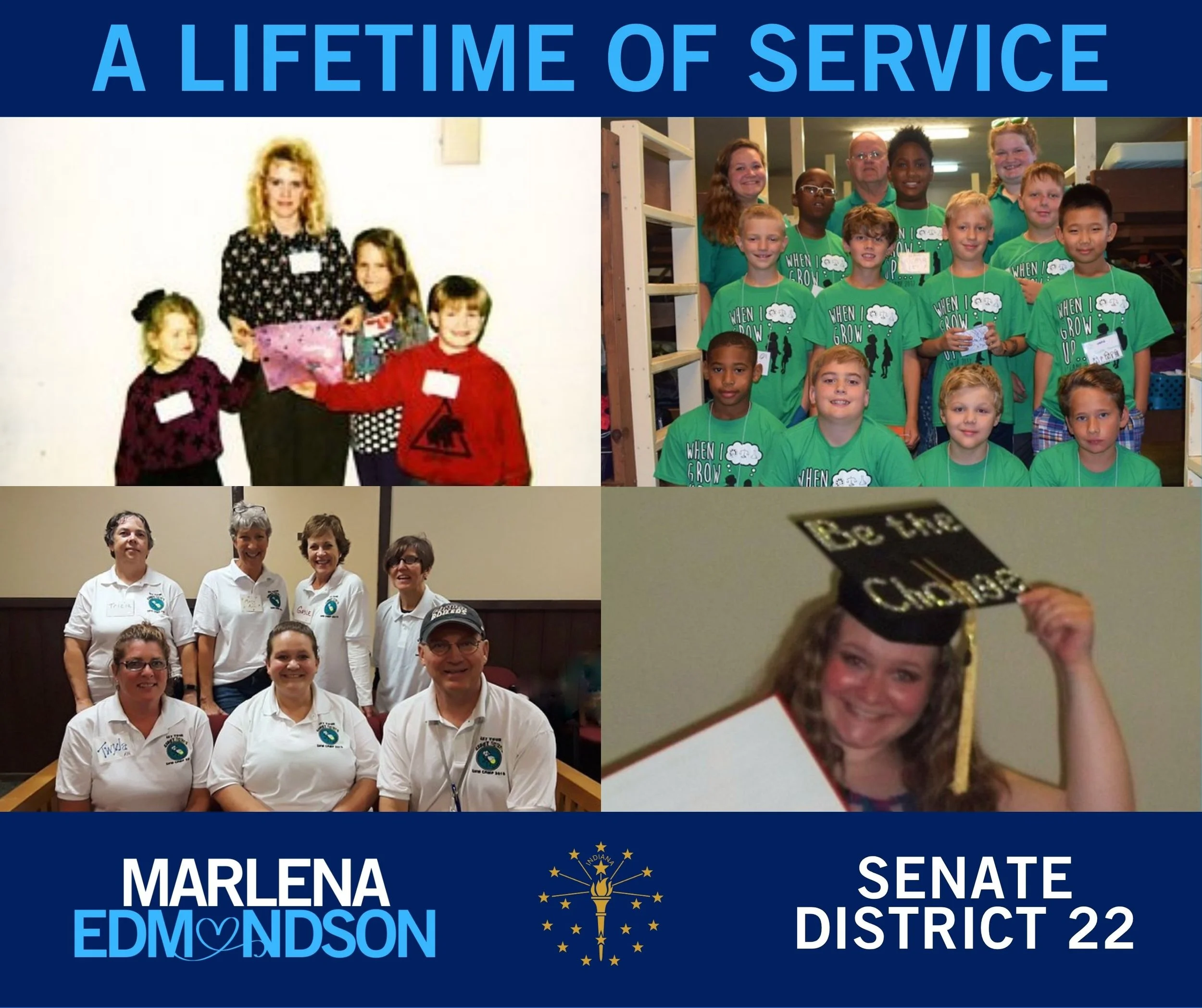 Campaign graphic titled ‘A Lifetime of Service’ featuring a collage of photos showing community involvement across different life stages, including working with children, group volunteering, and a graduation moment. Marlena Edmondson campaign logo an