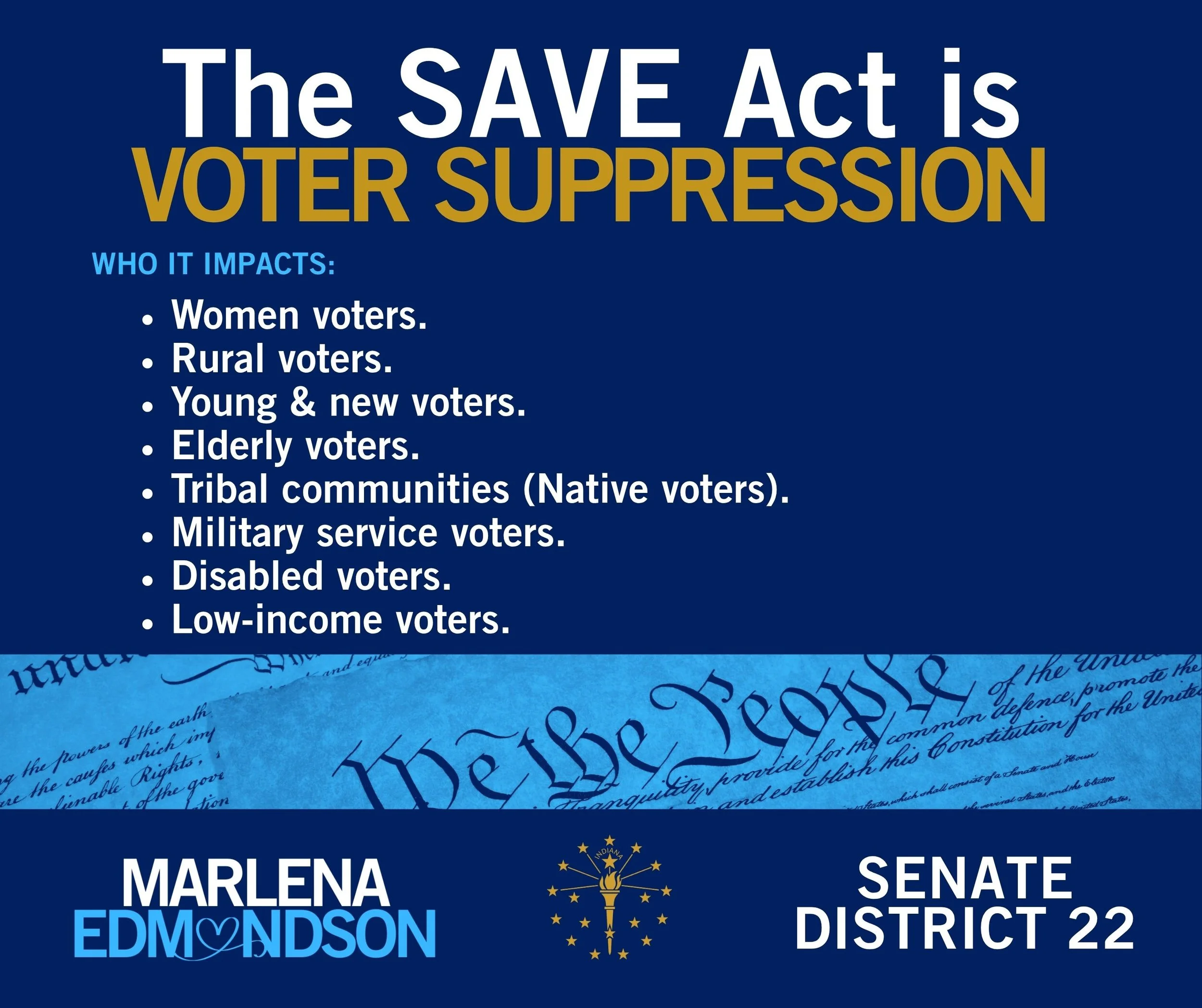 Campaign graphic that reads, "The SAVE Act is voter suppression. Who it impacts: women voters, rural voters, young & new voters, elderly voters, tribal communities (Native voters), military service voters, disabled voters, low-income voters."