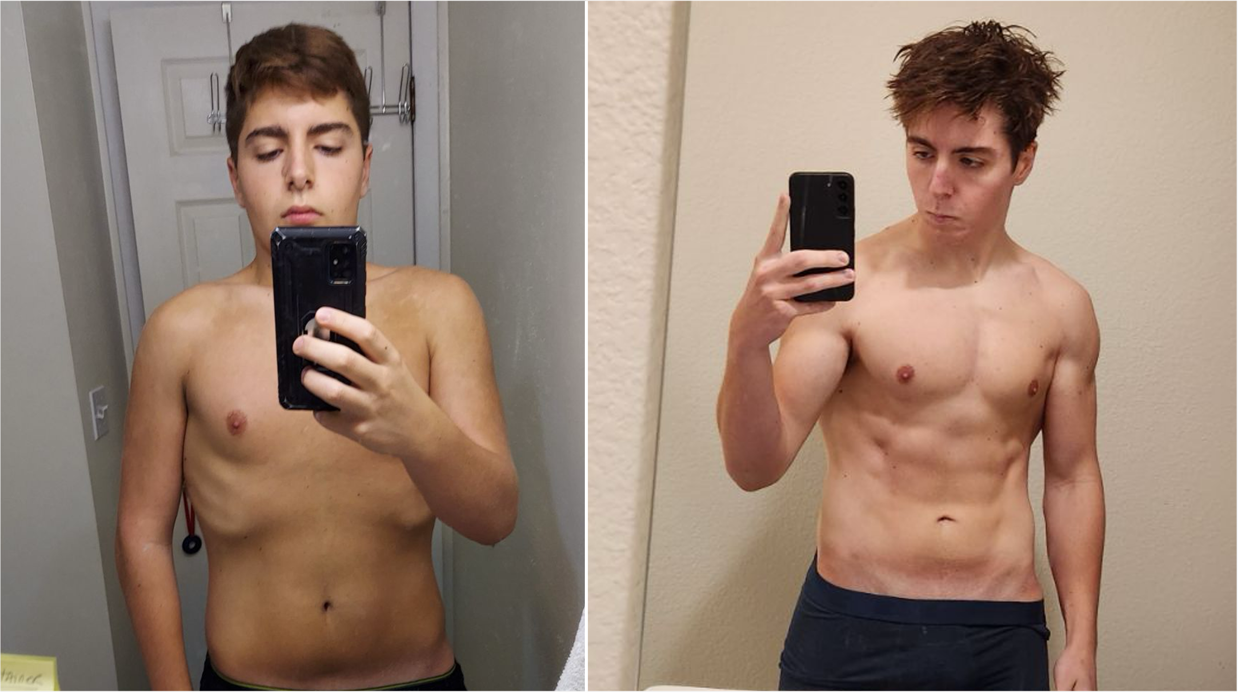 Comparison of a young man before and after muscle development, taking mirror selfies in different settings with shirtless appearance.