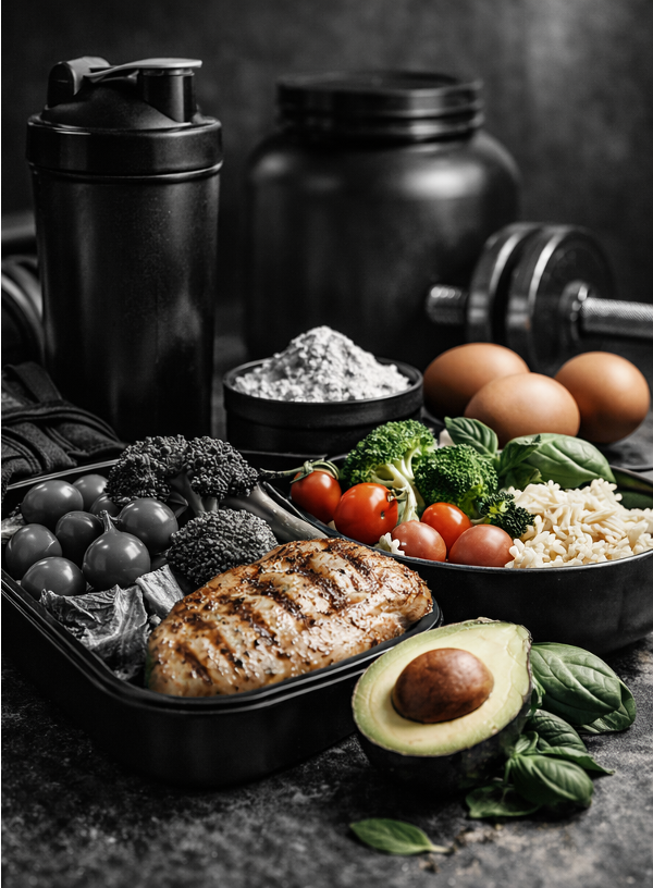A black meal prep container with grilled chicken, cherry tomatoes, broccoli, pasta, and an avocado. In the background are a protein shaker, black containers, a barbell, eggs, and a bowl of rice on a dark surface.