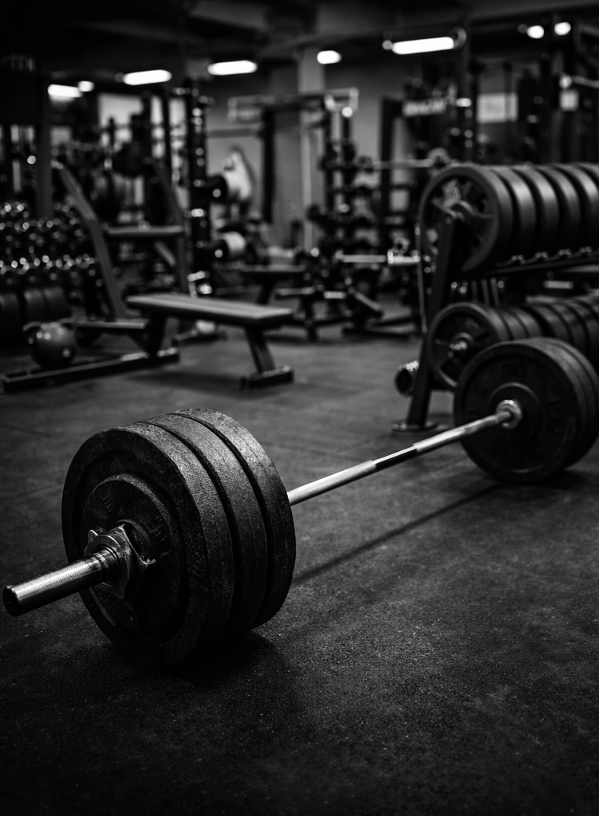 Barbell with weight plates on a gym floor, with gym equipment in the background.