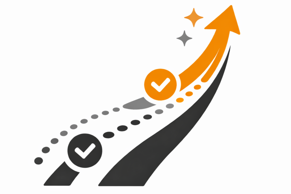 Illustration of an upward trending arrow showing progress, with checkmarks indicating milestones, and stars symbolizing success.