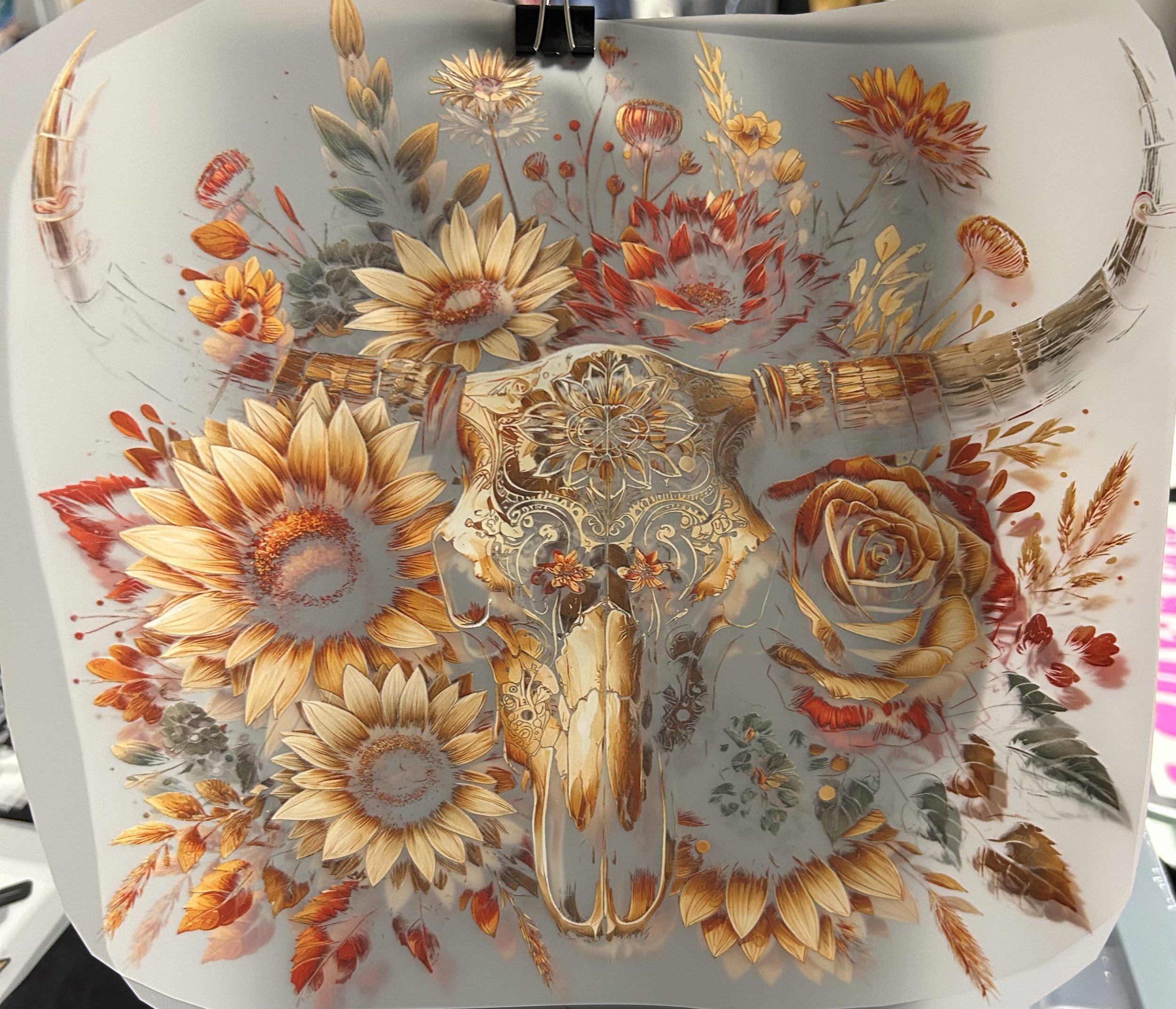 Floral Skull Heat Transfer - Ready to Press dtf for shirt and pocket