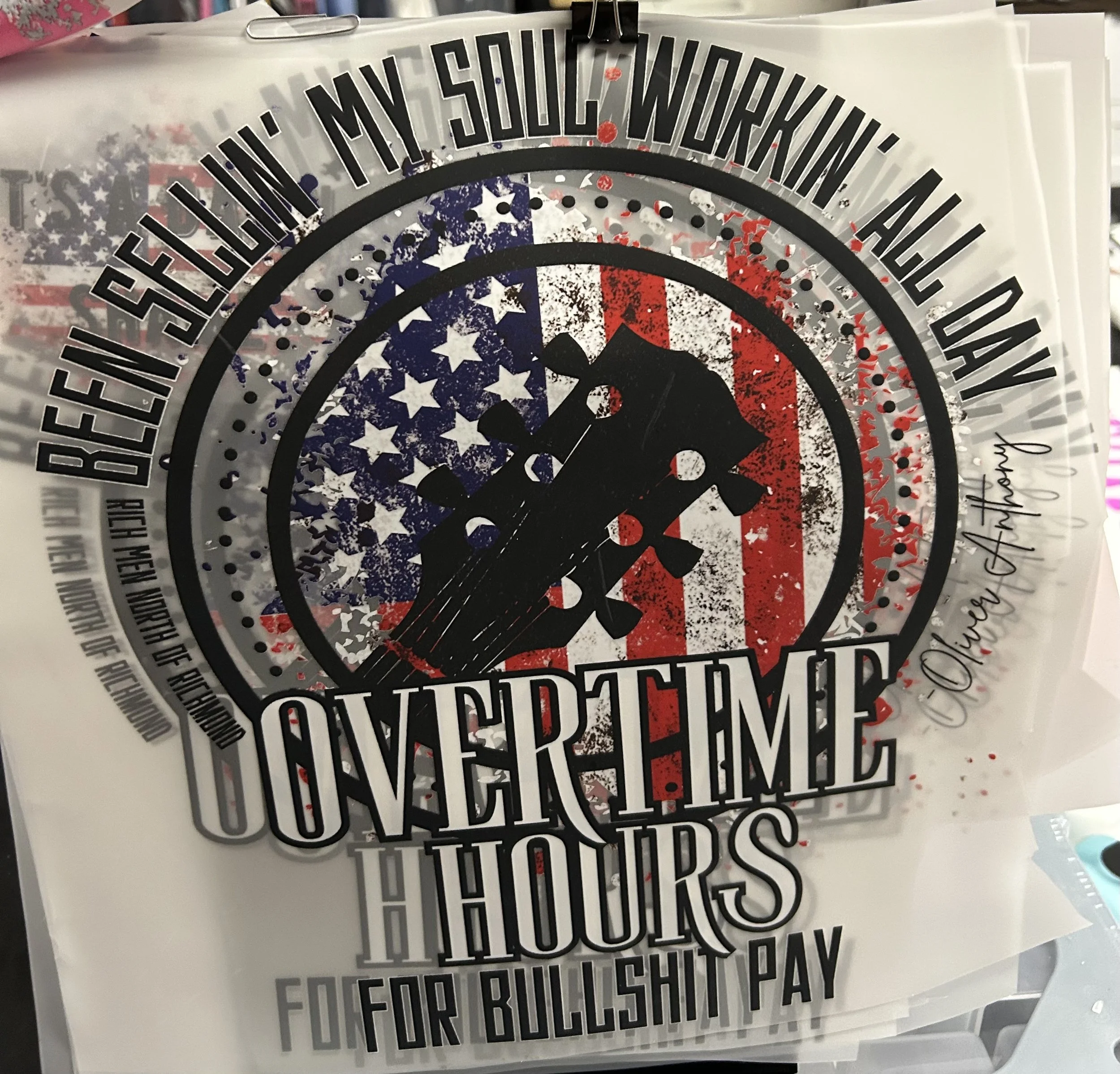 Patriotic Overtime Hours Ready-to-Press Transfer shirt and pocket