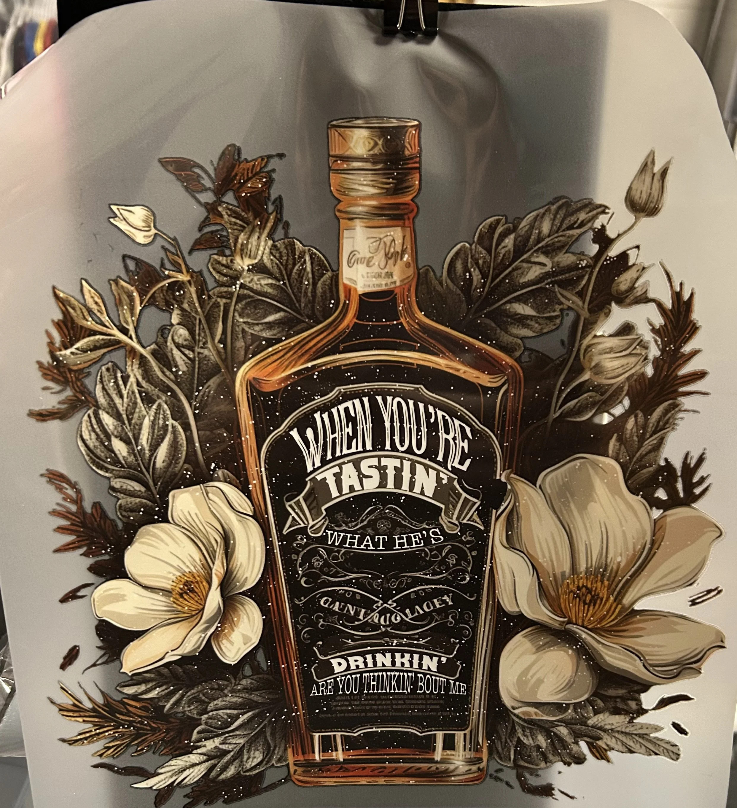 Ready-to-Press Floral Whiskey Bottle Vinyl shirt and pocket