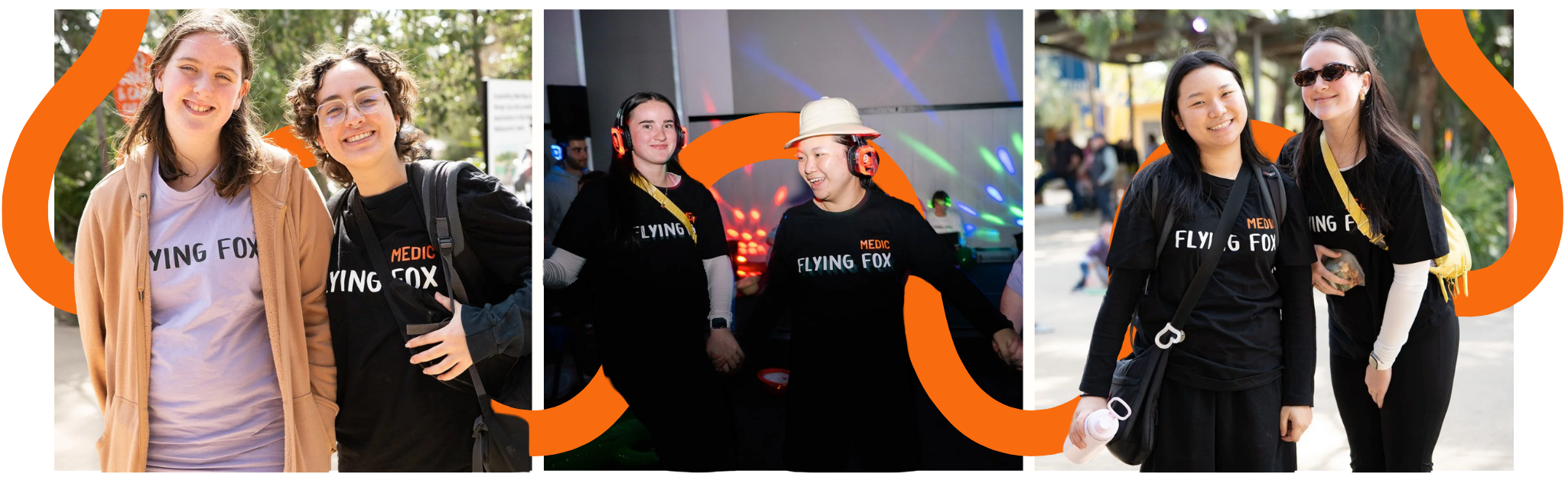 A collage of three groups of young women at an outdoor event, wearing black shirts with 'Flying Fox' and 'Medic' printed on them, some with headphones, against a background with orange graphic elements.