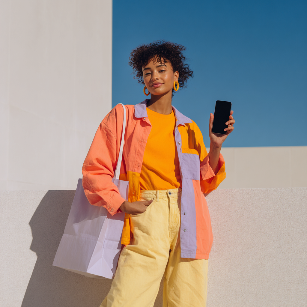 A young woman with curly hair, wearing bright yellow earrings, an orange and lavender jacket, a yellow T-shirt, and light yellow pants, holding a black smartphone in her right hand and a white shopping bag on her left shoulder, standing outdoors with a modern building and blue sky in the background.