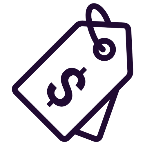 Black background with an illustration of a purple price tag featuring a dollar sign, connected by a loop.