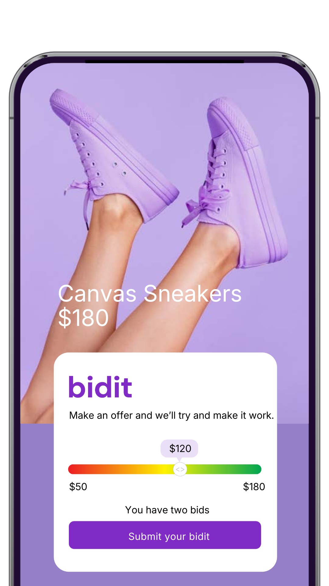 A mobile phone screen displaying an online auction for purple canvas sneakers priced at $180. The screen shows a bidding interface with two bids, a current bid of $120, and a submit bid button.