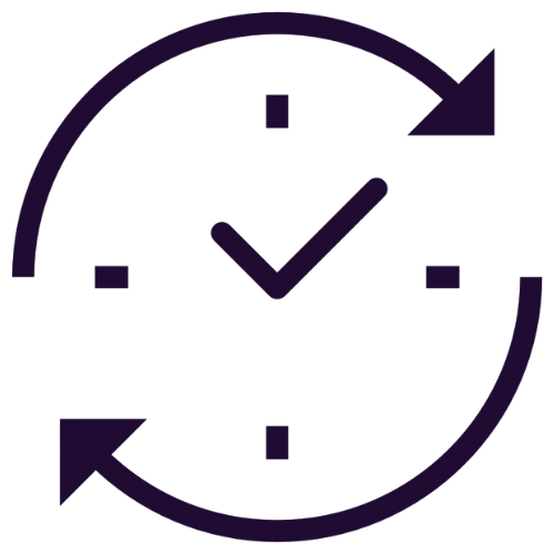 Icon of a clock with checkmark and circular arrows, representing time or scheduling.