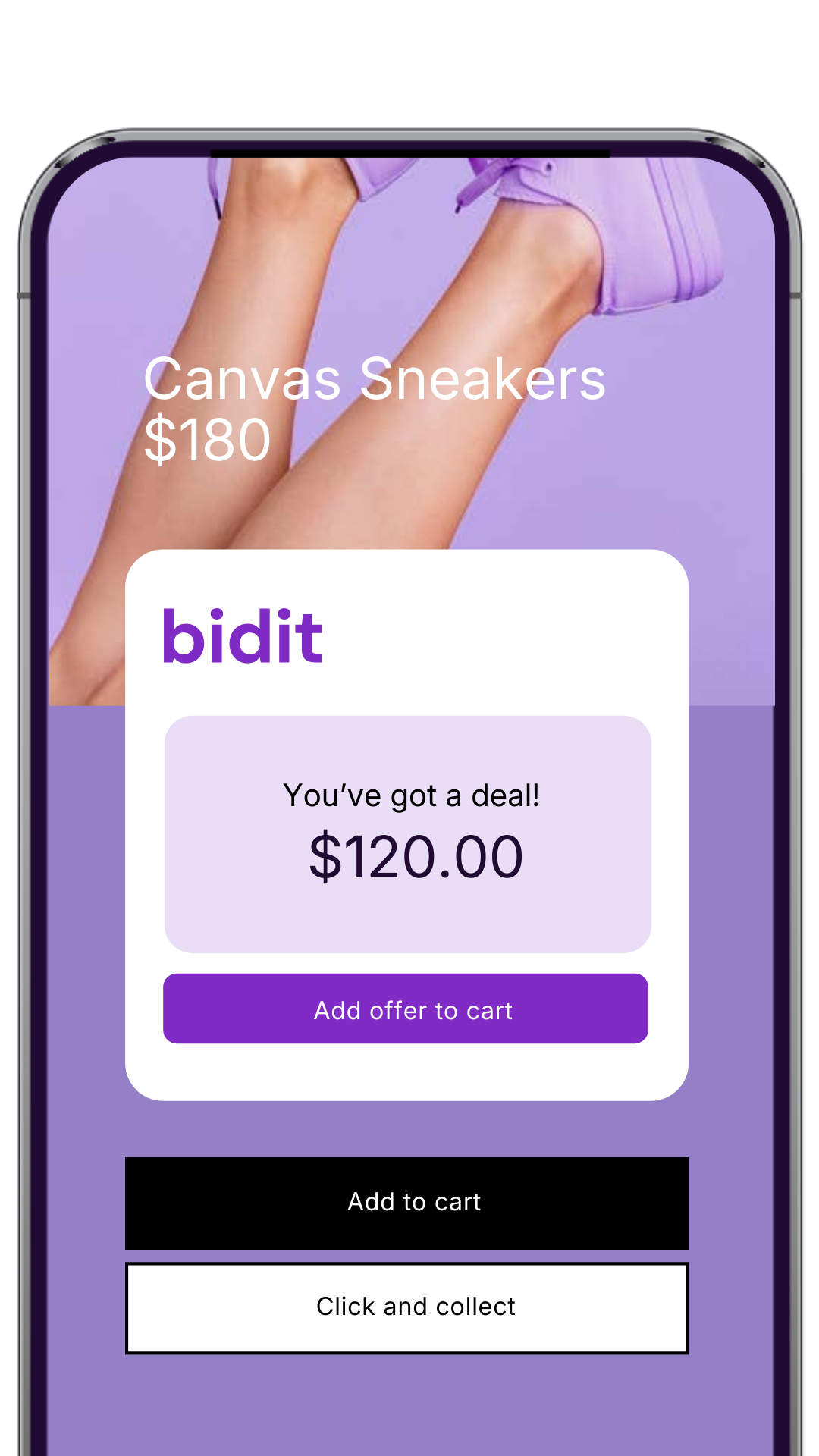 Mobile phone screen displaying an online shopping app for canvas sneakers priced at $180, with a discount deal of $120, purple and black buttons, and a background image of legs wearing purple shoes.