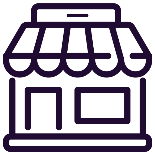 Icon of a small storefront with a striped awning, door, and window.