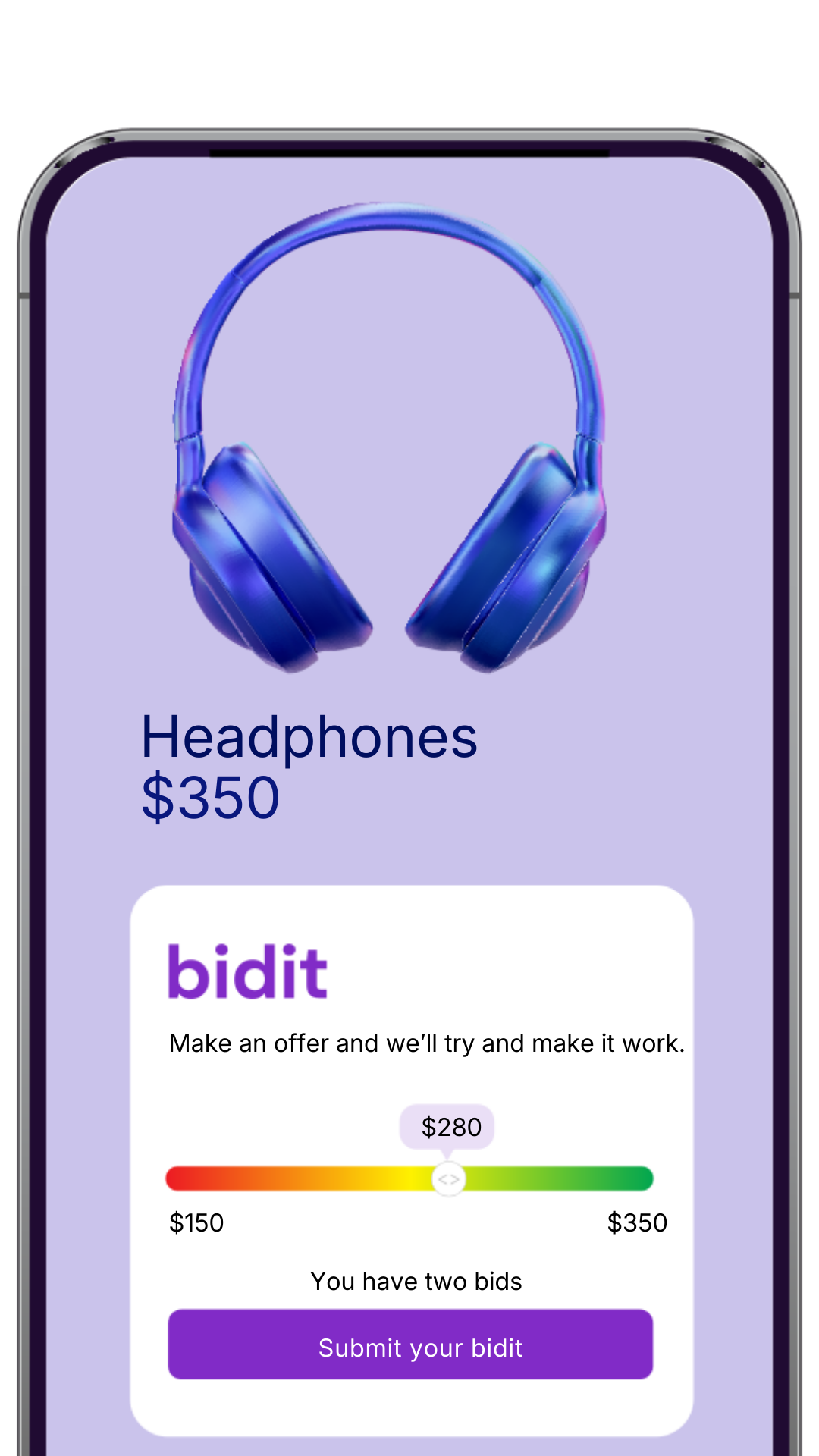 A mobile app screen displaying a digital auction for headphones priced at $350, with a bidding feature, including a slider, bid amount of $280, and a 'Submit your bid' button.